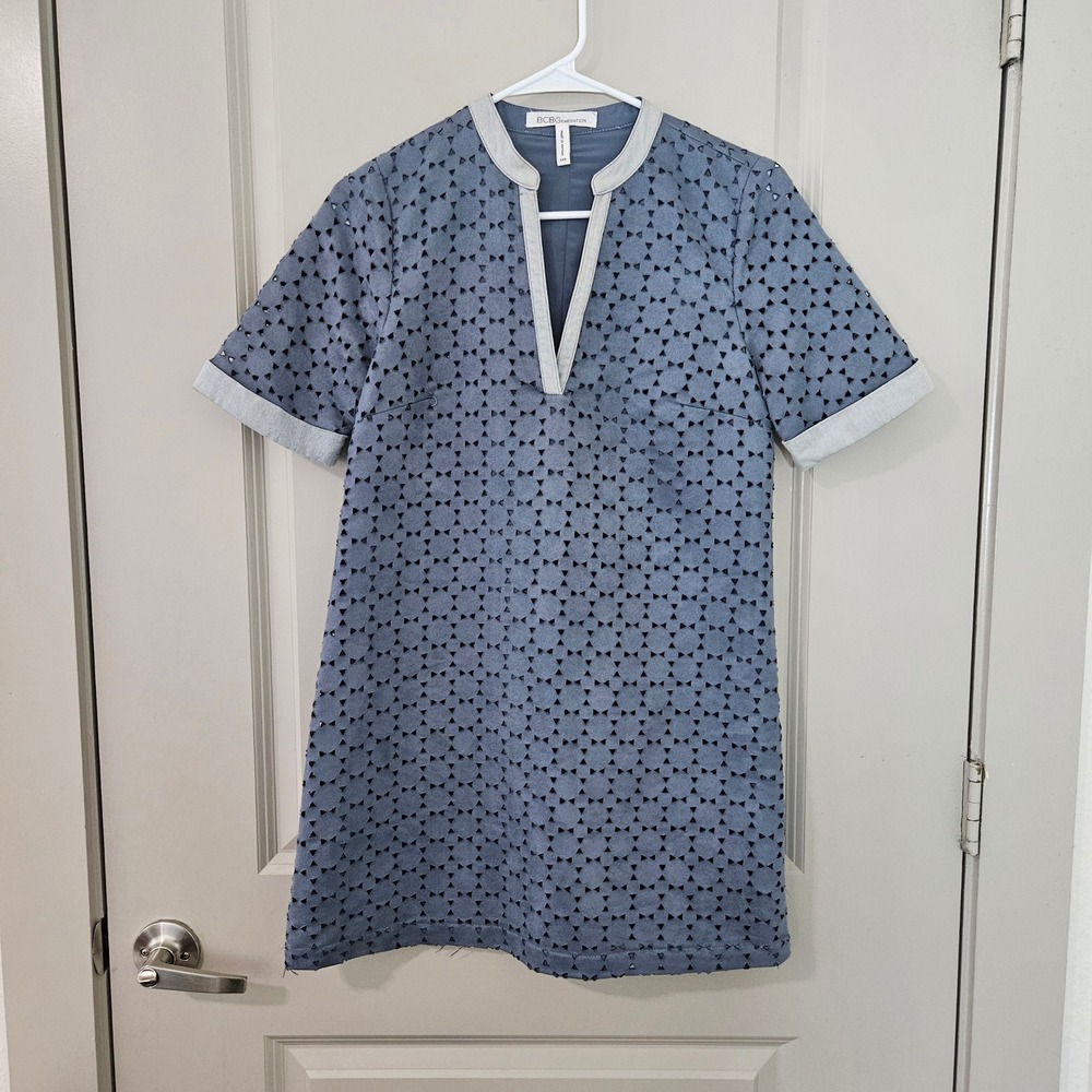 BCBGeneration Womens Blue Laser Cut Faux Suede Mini Shift Dress XXS